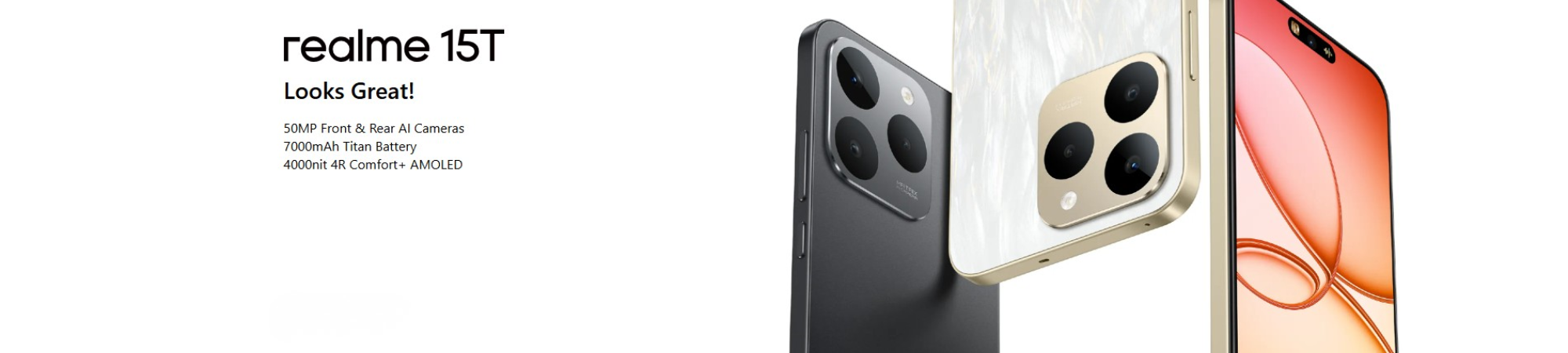 Promotional banner for the realme 15T smartphone, showcasing its design in multiple colors along with key features such as 50MP AI cameras, 7000mAh Titan Battery, and 4000-nit Comfort+ AMOLED display