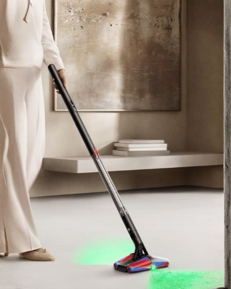 Dyson PencilVac vacuum cleaning a living-room floor.