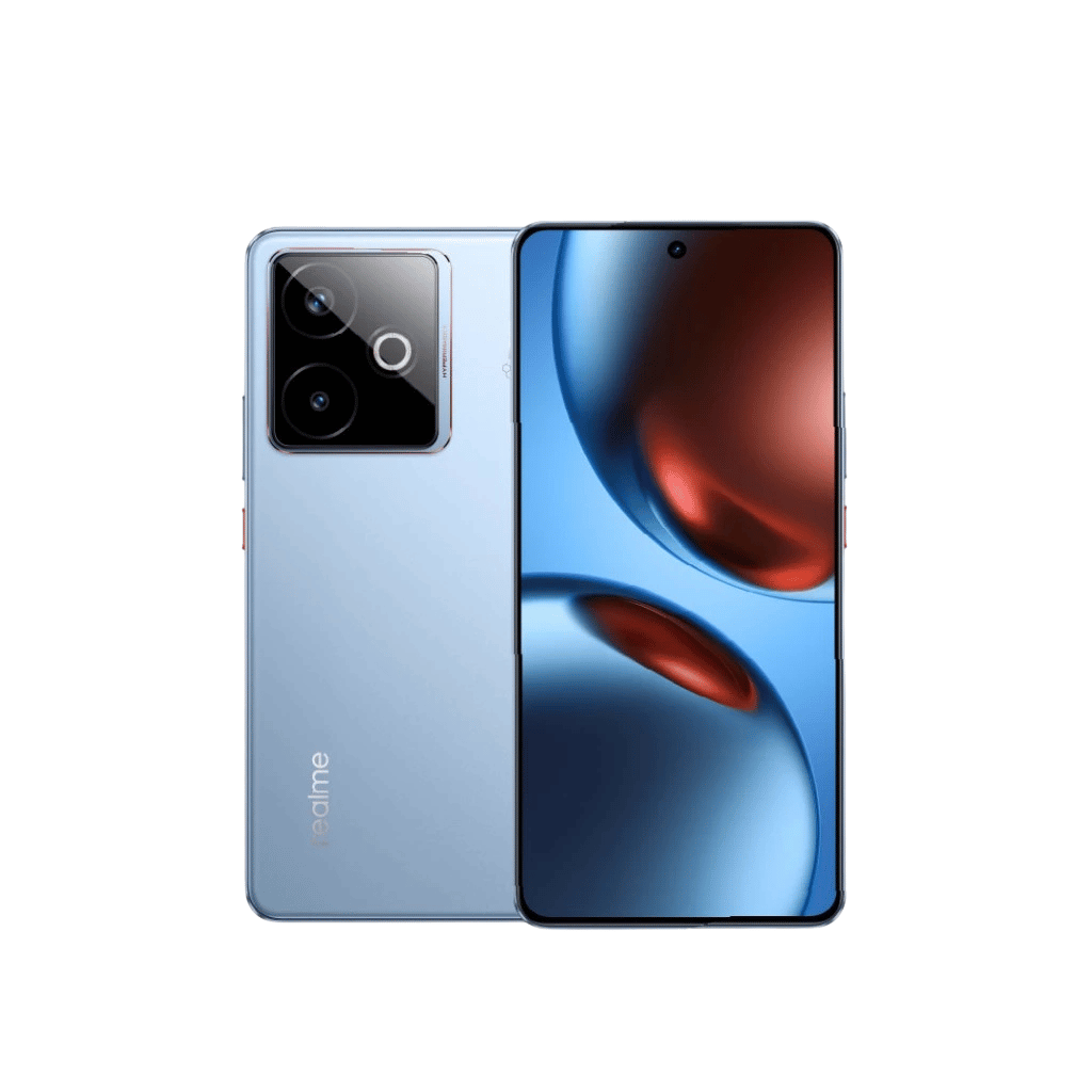 Front and back view of blue Realme phone with large display