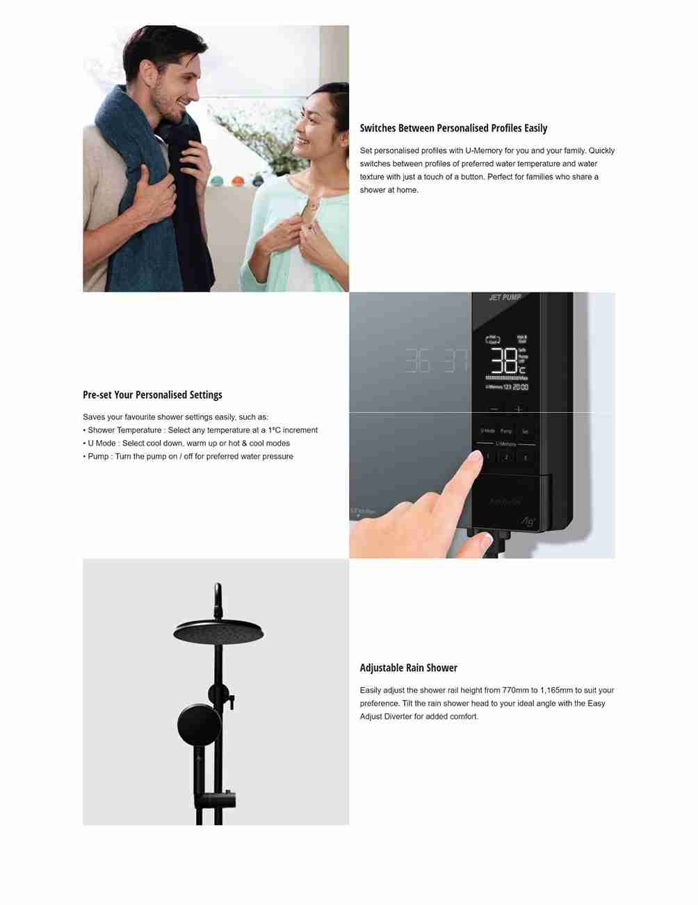 Person adjusting shower settings on the touchscreen.