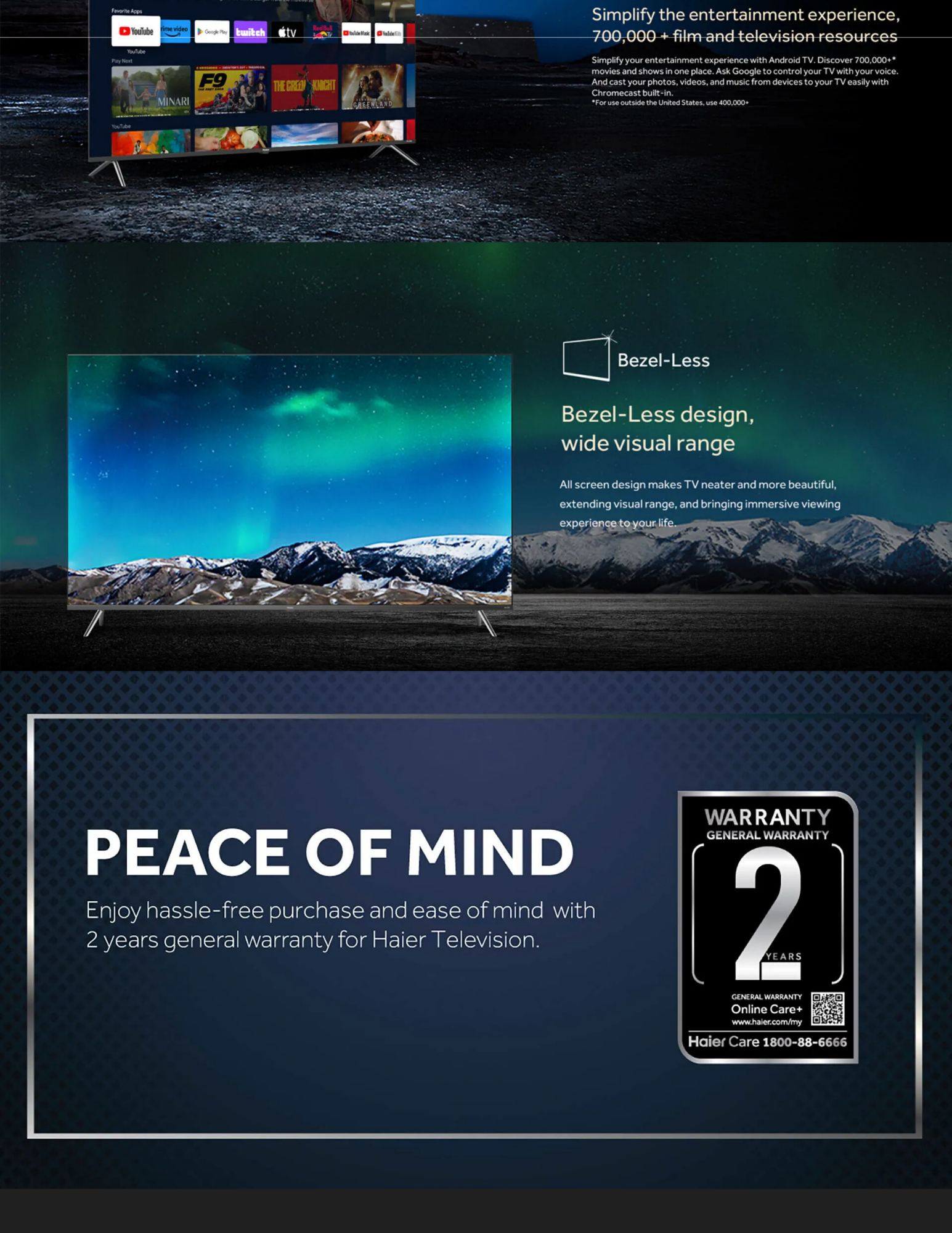 Haier bezel-less smart TV wide screen immersive viewing