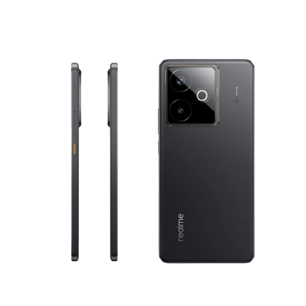 Side profile of black Realme smartphone with camera bump