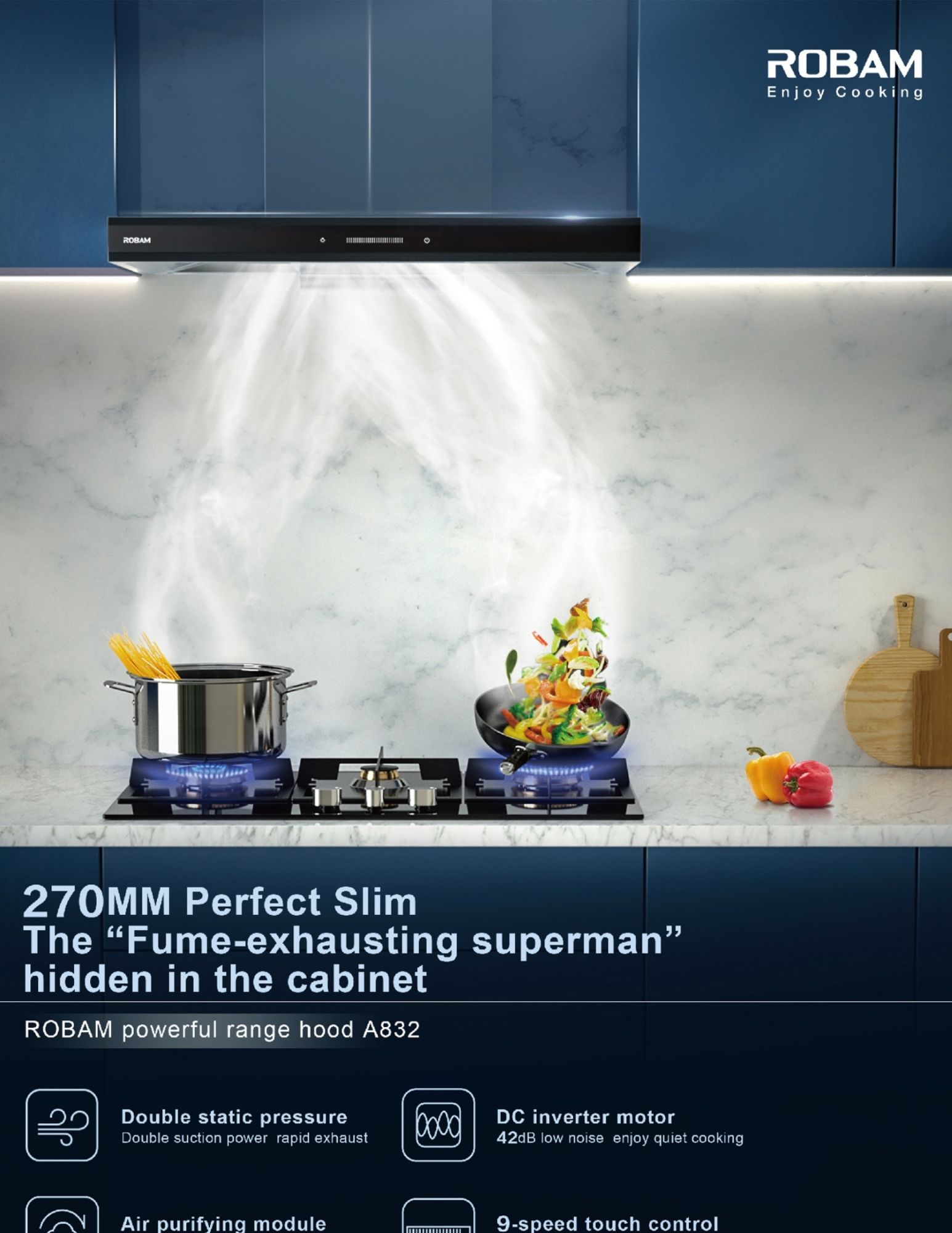 Built-in ROBAM slim range hood extracting fumes over gas hob