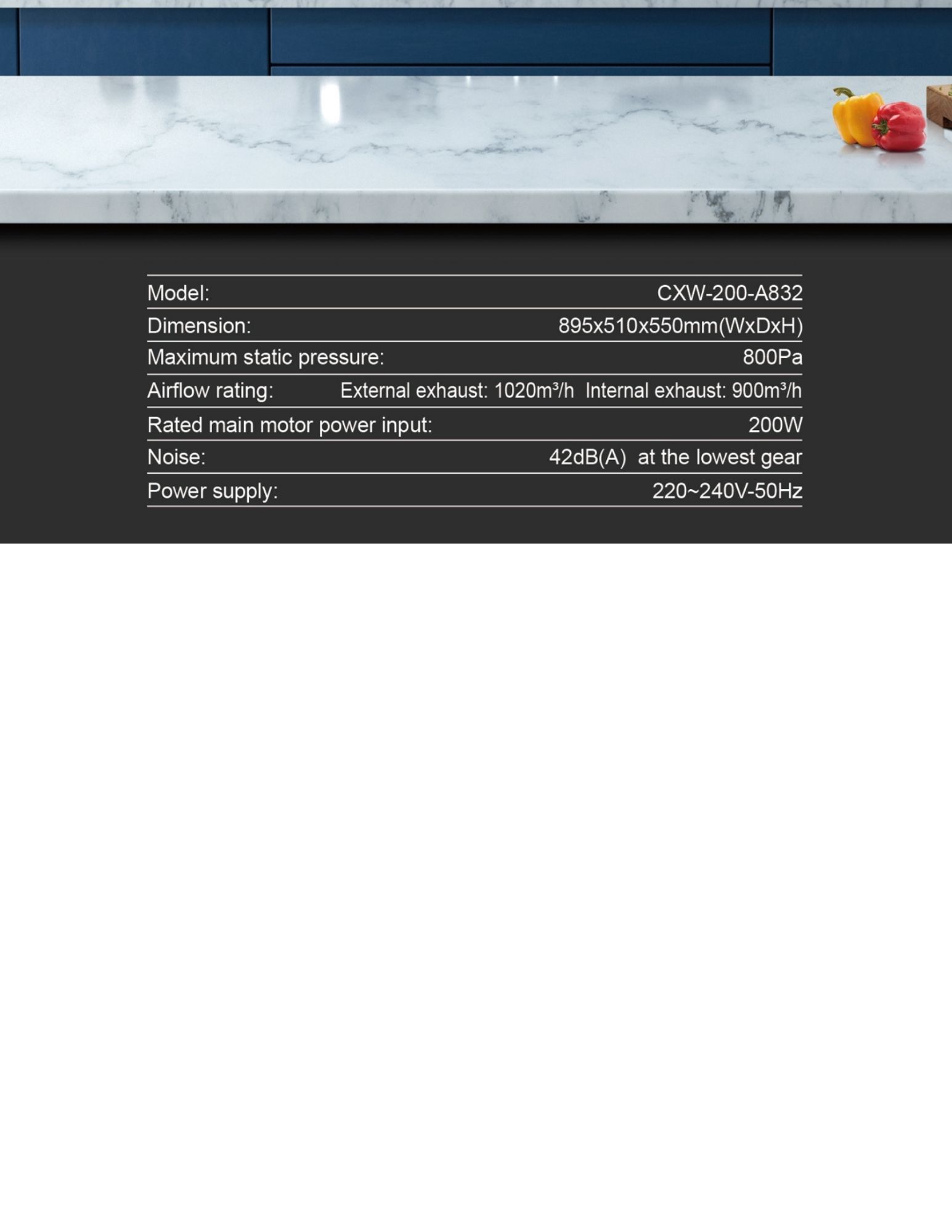 ROBAM A832 specification table showing size, airflow, and noise