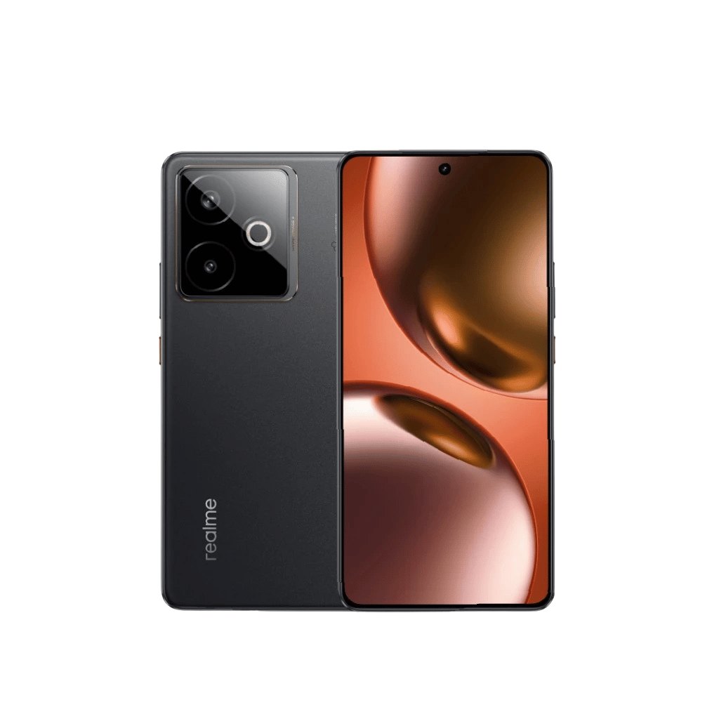 Front and back view of black Realme phone with AMOLED screen