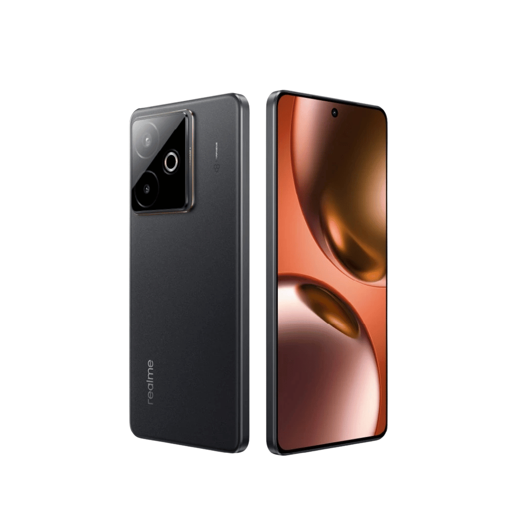 Angled view of black Realme smartphone showing rear camera