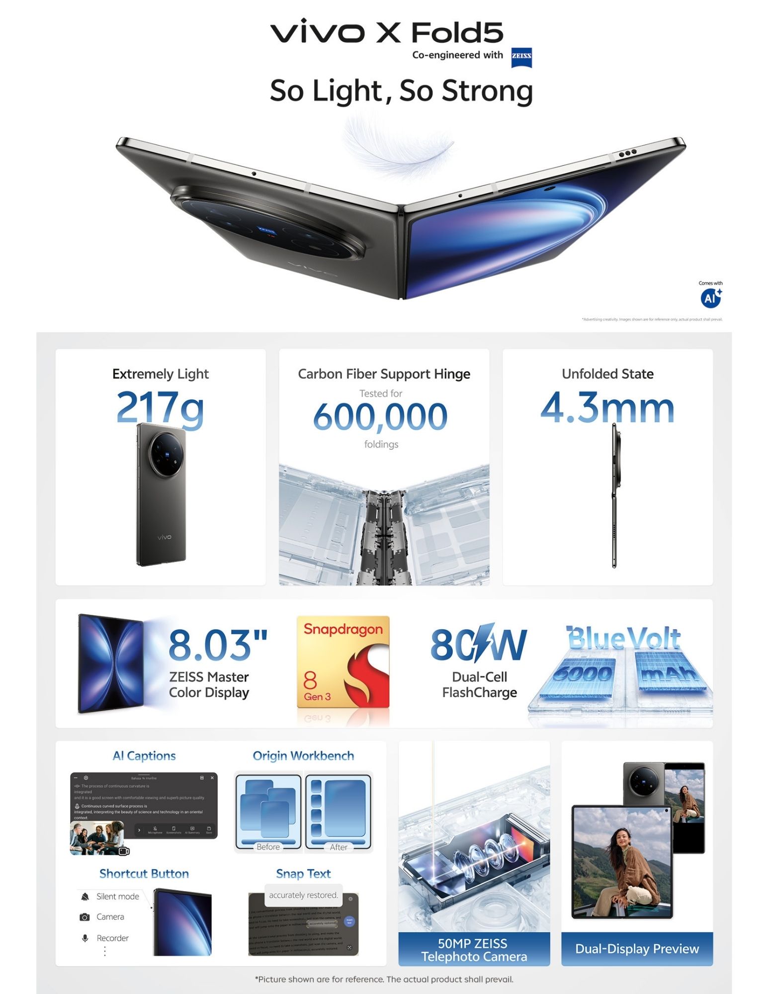 vivo X Fold5 foldable phone showing lightweight, slim design and features