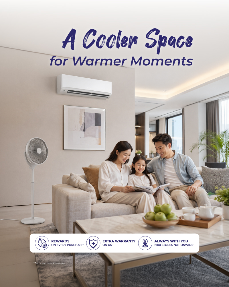 A family enjoying a cool and comfortable home with a modern air conditioner and stylish ceiling fan in a contemporary living room.