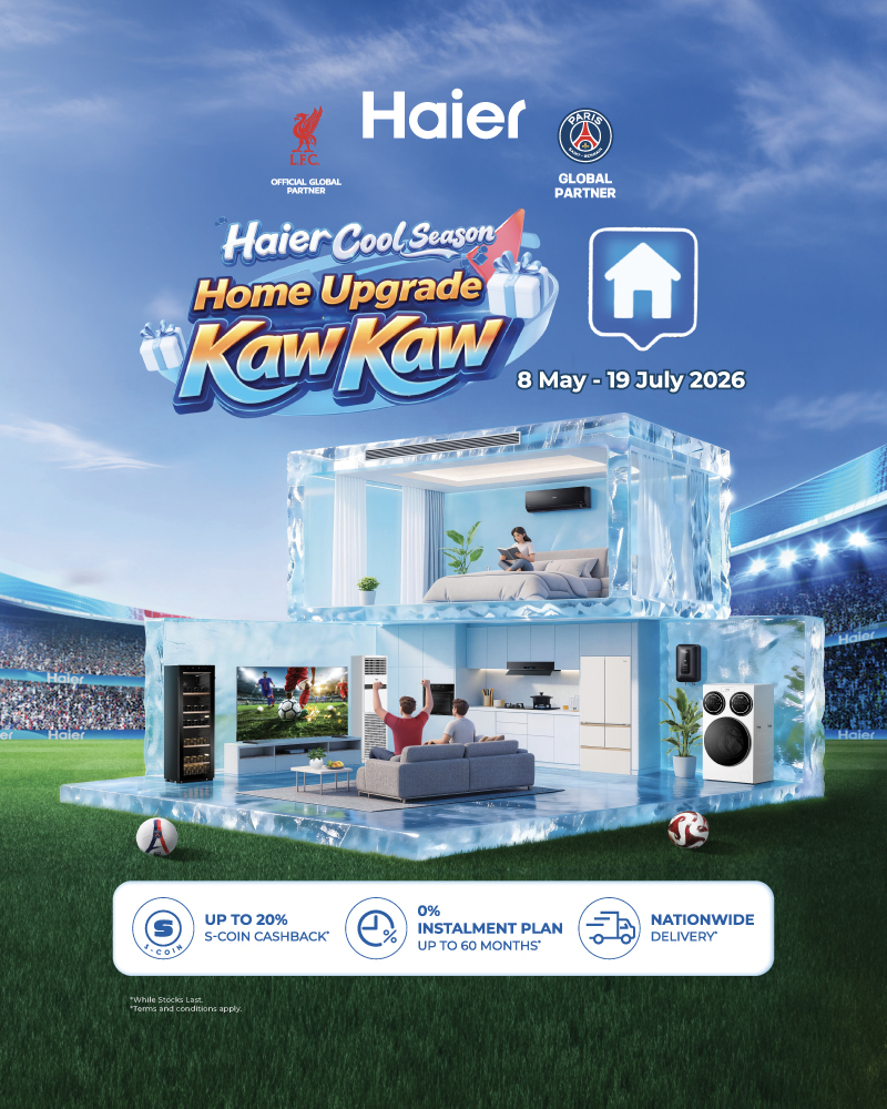 Haier Cool Season Home Upgrade Kaw Kaw campaign featuring Haier home appliances with up to 20% S-Coin Cashback.