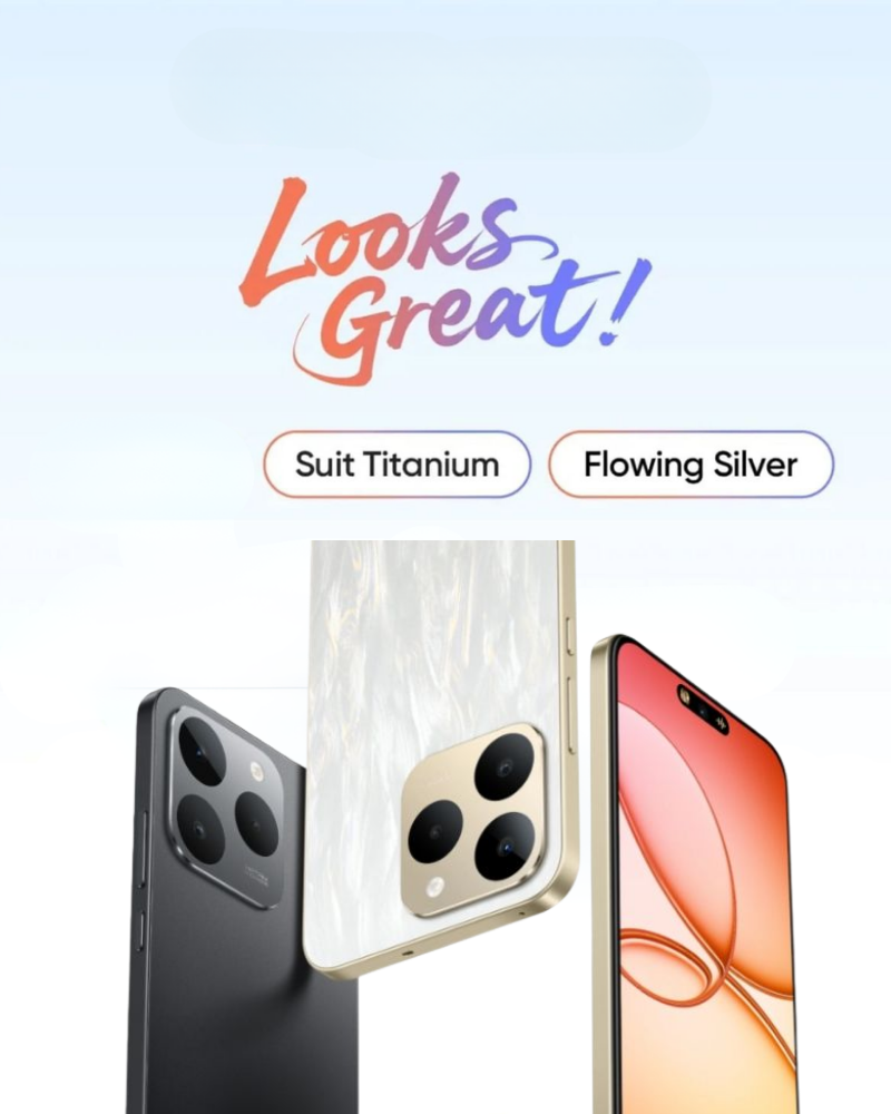 Promotional image showcasing two smartphone color options, Suit Titanium and Flowing Silver, with the tagline ‘Looks Great!’ and close-up views of the devices’ camera modules and display