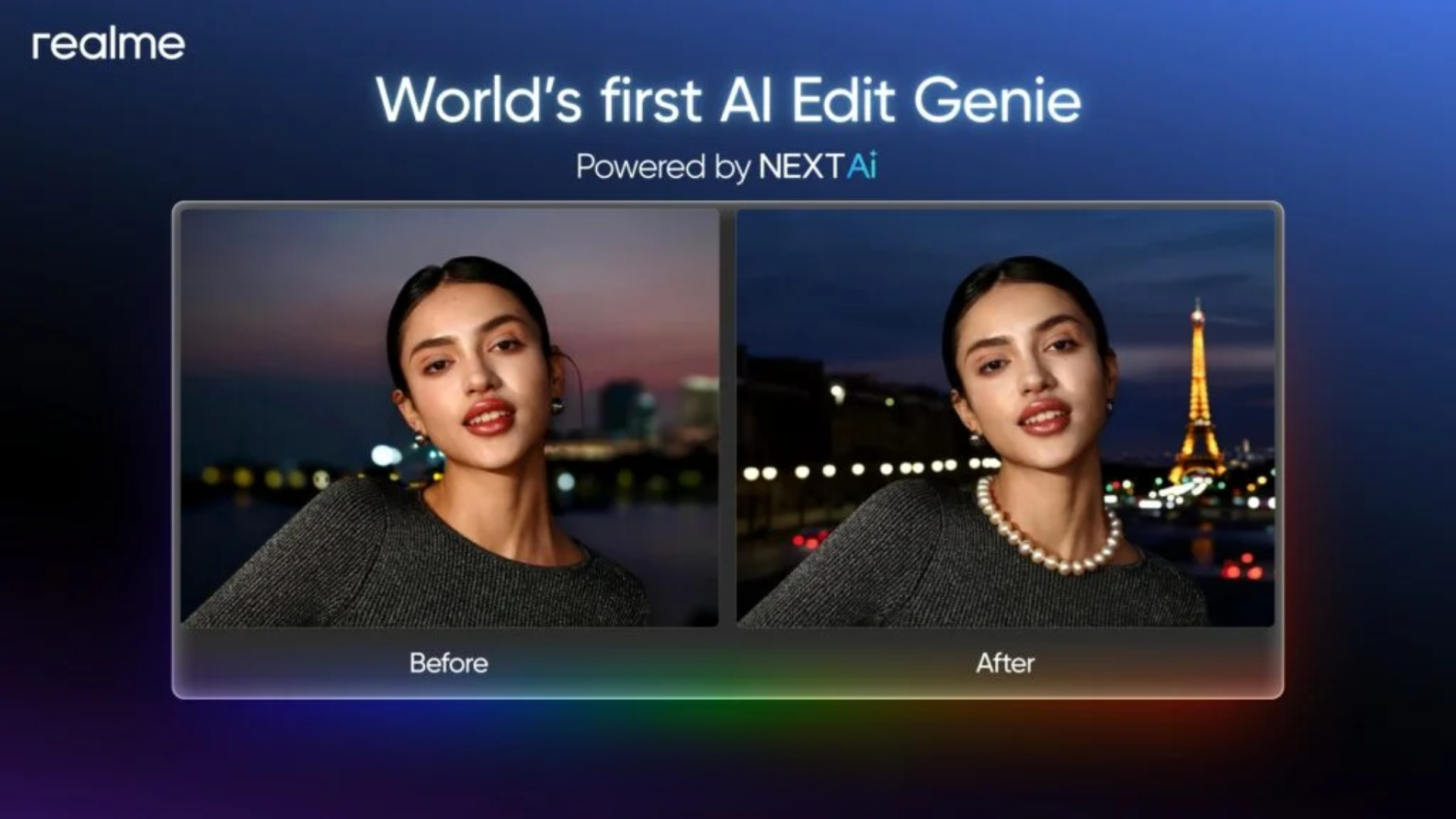 Promotional graphic showcasing Realme’s “World’s first AI Edit Genie” with a before-and-after comparison of an AI-enhanced portrait, demonstrating improvements in background, lighting, and details.