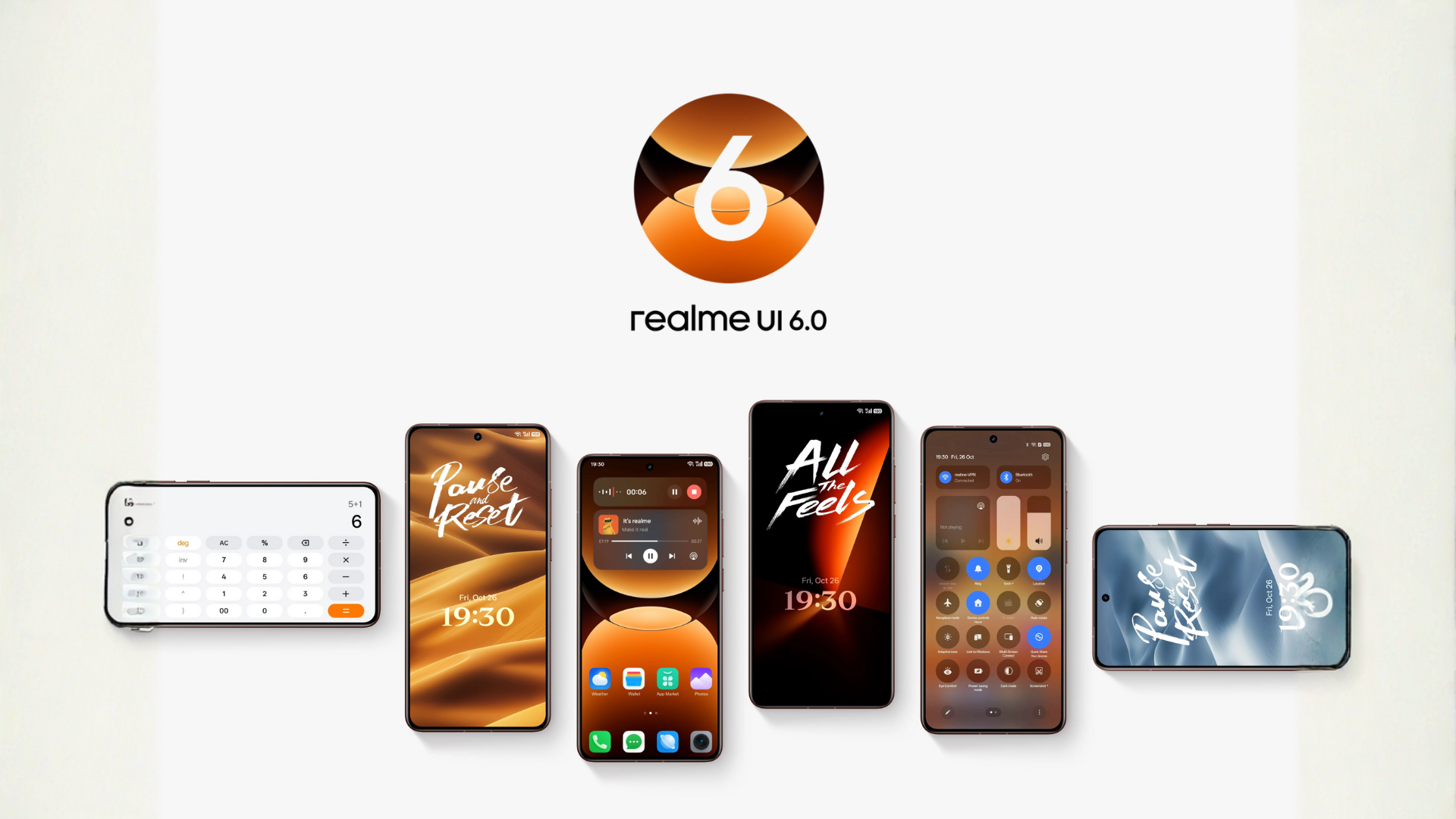 Promotional image showcasing Realme UI 6.0, featuring the new interface design across multiple phone screens, including home screen, control center, calculator, and lock screens.