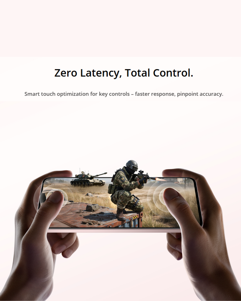 Promotional image showing hands holding a smartphone while playing a shooting game, highlighting zero-latency touch response and improved gaming control