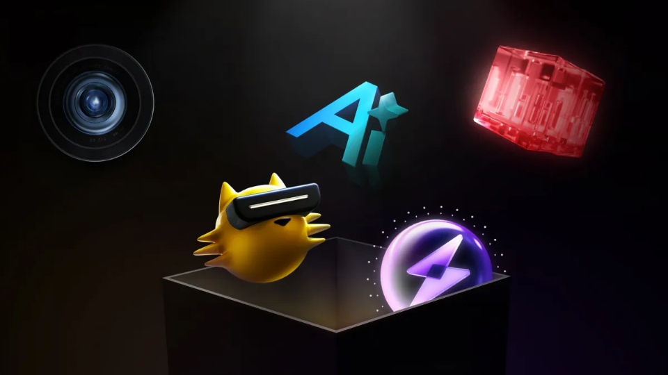 3D icons representing camera technology, AI, VR, fast charging, and hardware floating above an open black box on a dark background