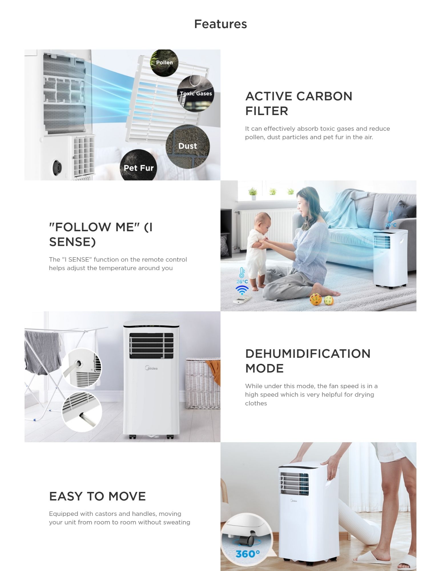 Active Carbon Filter and Dehumidification Mode: An image showing an air purifier with features like an active carbon filter, "Follow Me" sensor for automatic temperature adjustment, and dehumidification mode for drying clothes.