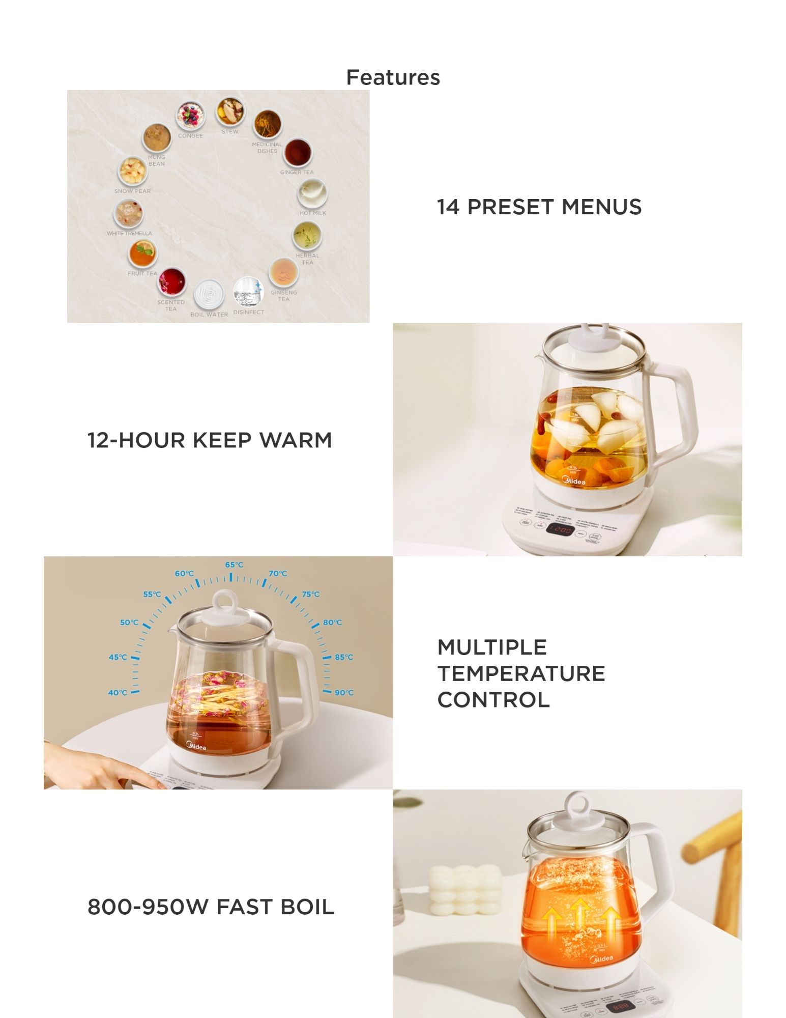 Glass multi-function kettle with 14 menus & fast boil power