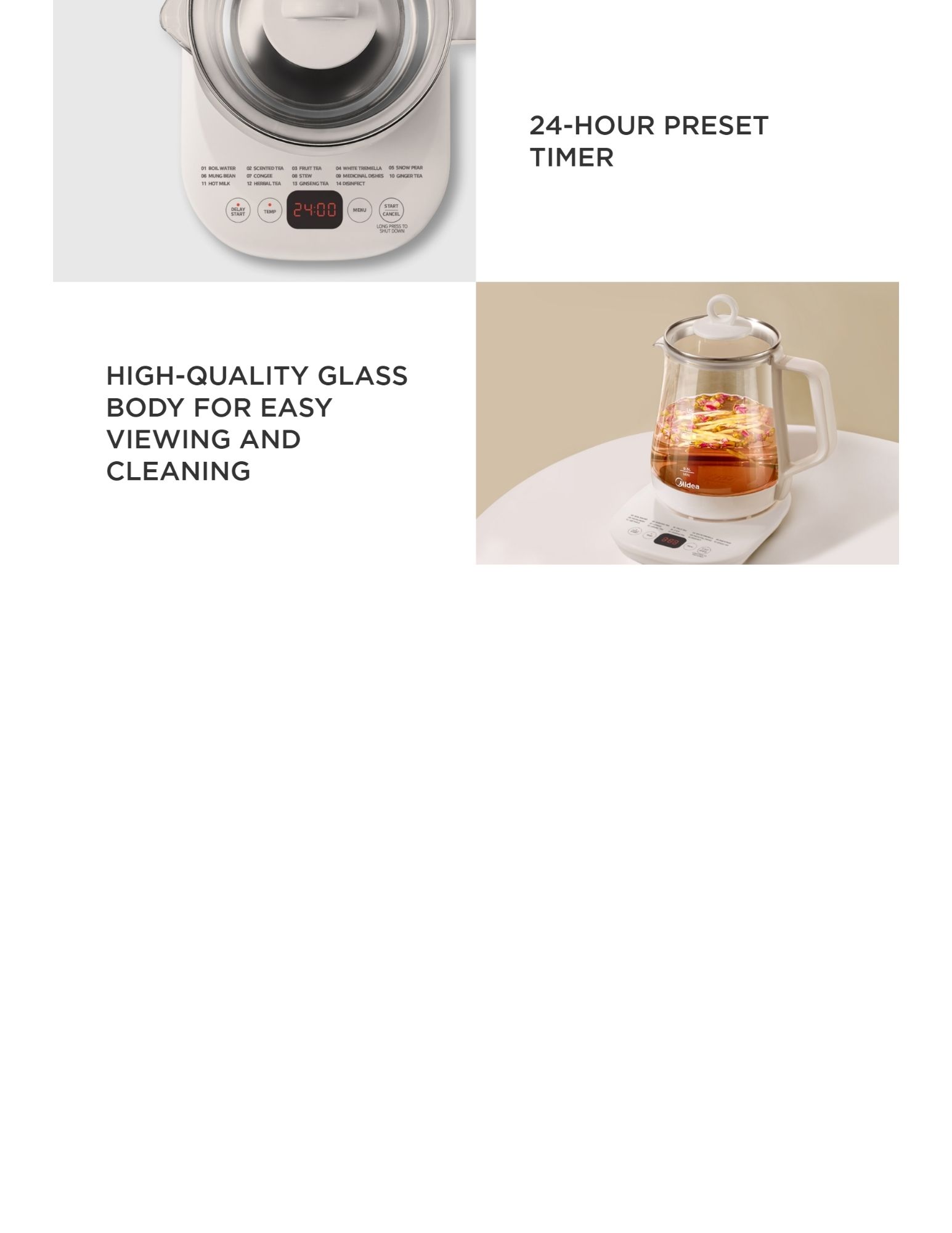 Glass electric kettle with 24h preset timer & clear glass body