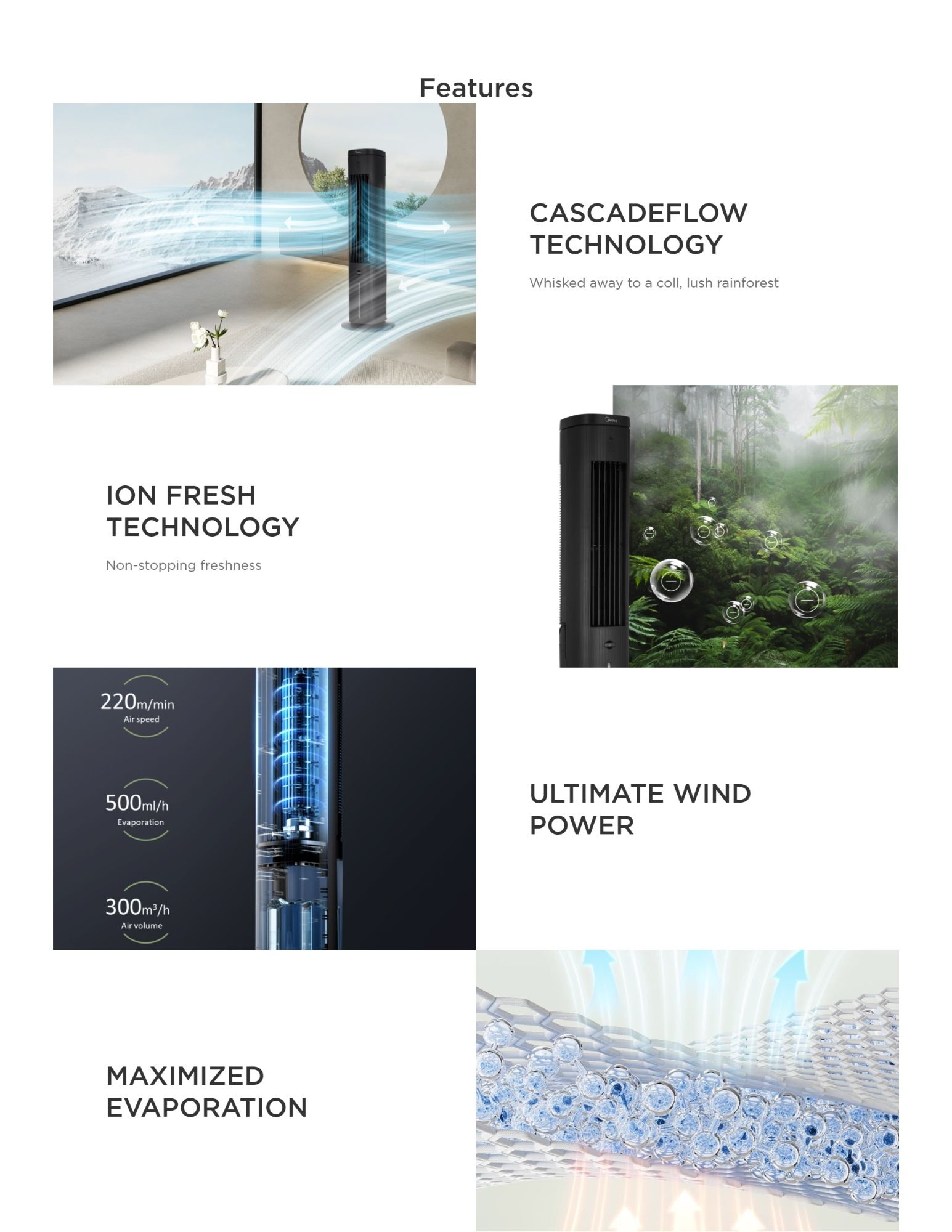 The air cooler features CascadeFlow technology for enhanced air circulation, with ion fresh technology, ultimate wind power, and maximized evaporation.