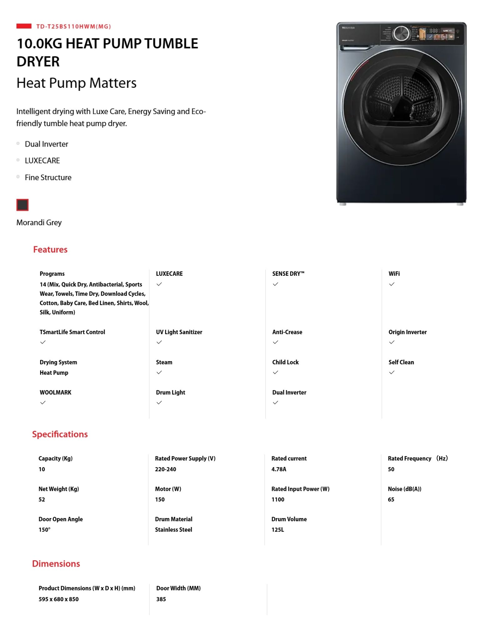 Toshiba 10kg heat pump tumble dryer features, spec and dimension