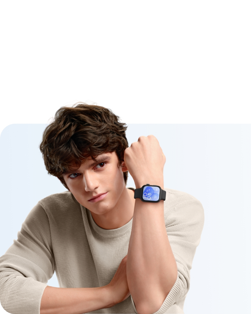 Promotional image for the Huawei Watch Fit Series featuring a man showcasing the smartwatch’s stylish square design.