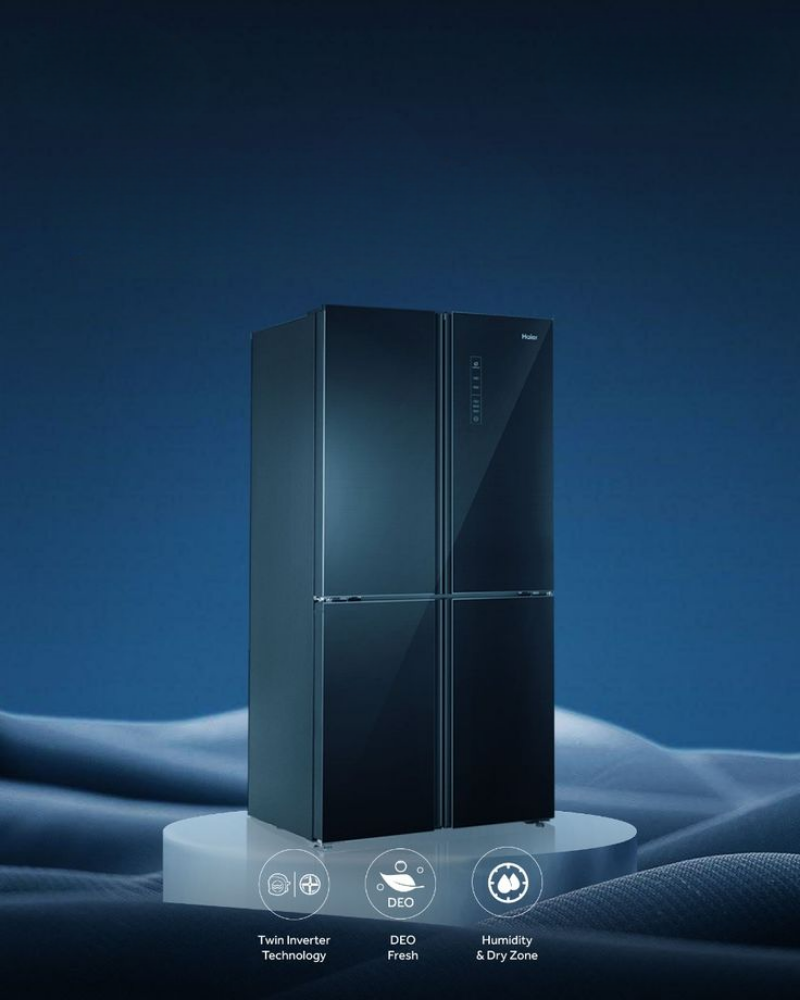 Haier four-door inverter refrigerator featuring Twin Inverter Technology, DEO Fresh odor control, and Humidity & Dry Zone compartments for efficient cooling and long-lasting food freshness