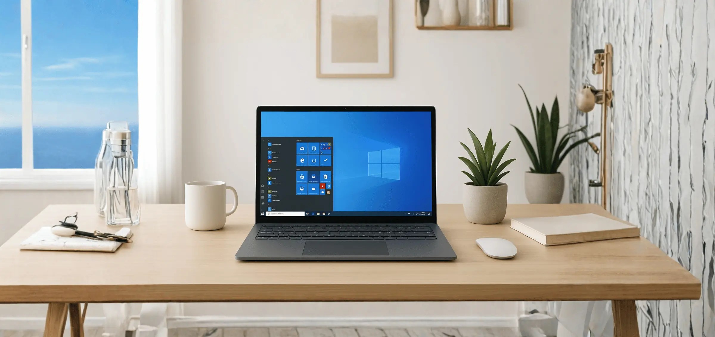 Microsoft Surface-style laptop on a desk by a seaside window, with water bottle, mug, plant, and notebook arranged neatly.