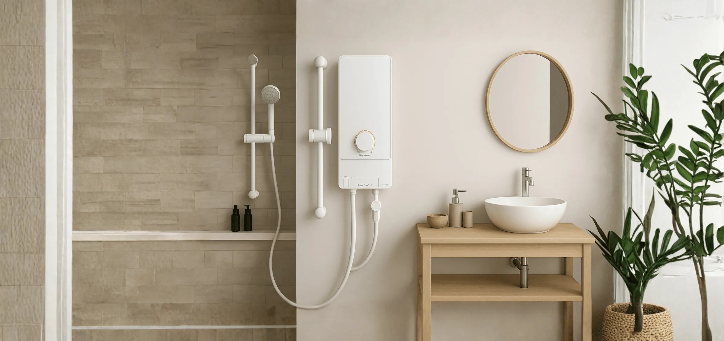 Instant water heater and shower set mounted above wooden vanity with a round mirror and an indoor plant, highlighting bathroom water heater solutions.