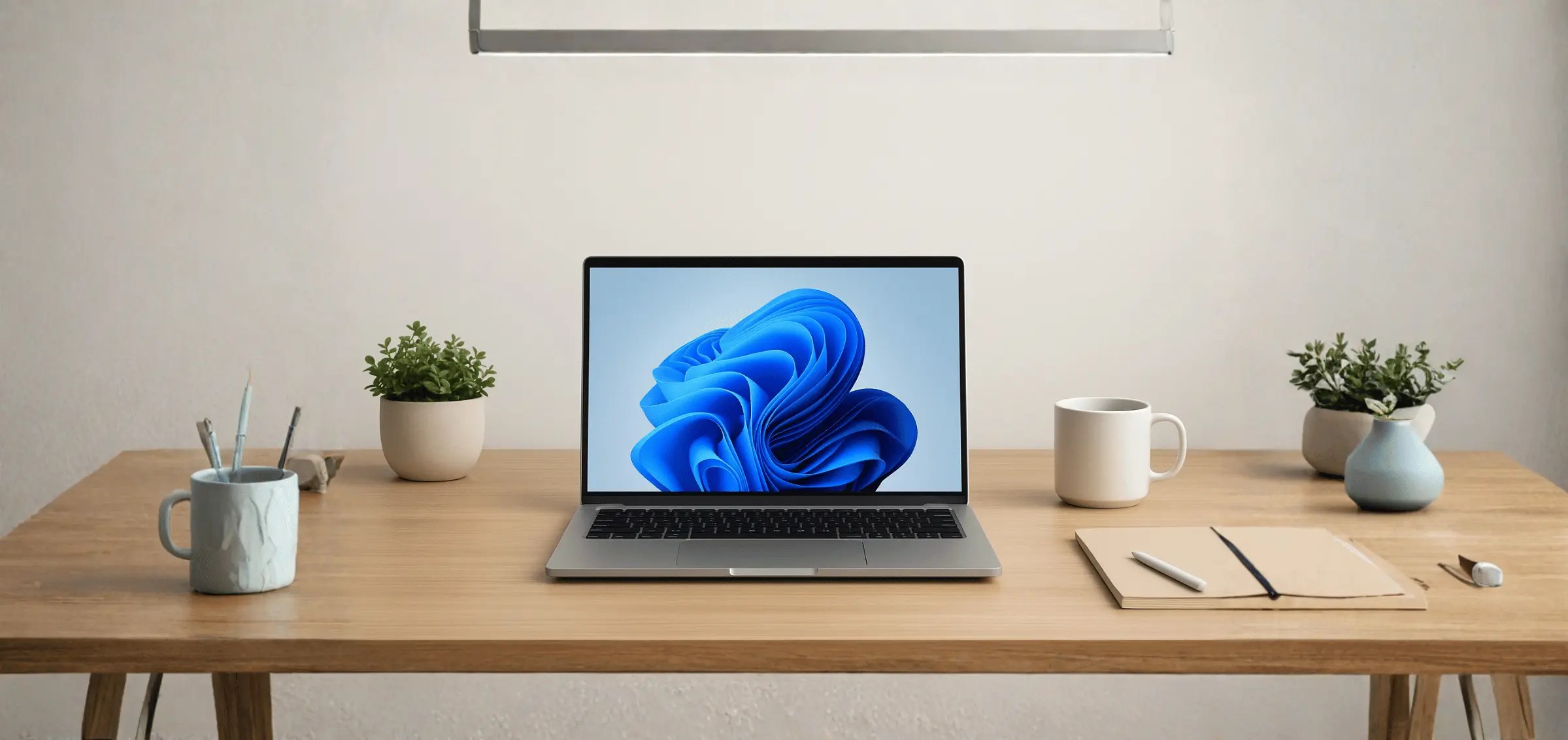 Business laptop with Windows screen on a wide wooden desk, alongside a mug, a notebook, a pen, and small plants in a bright workspace.
