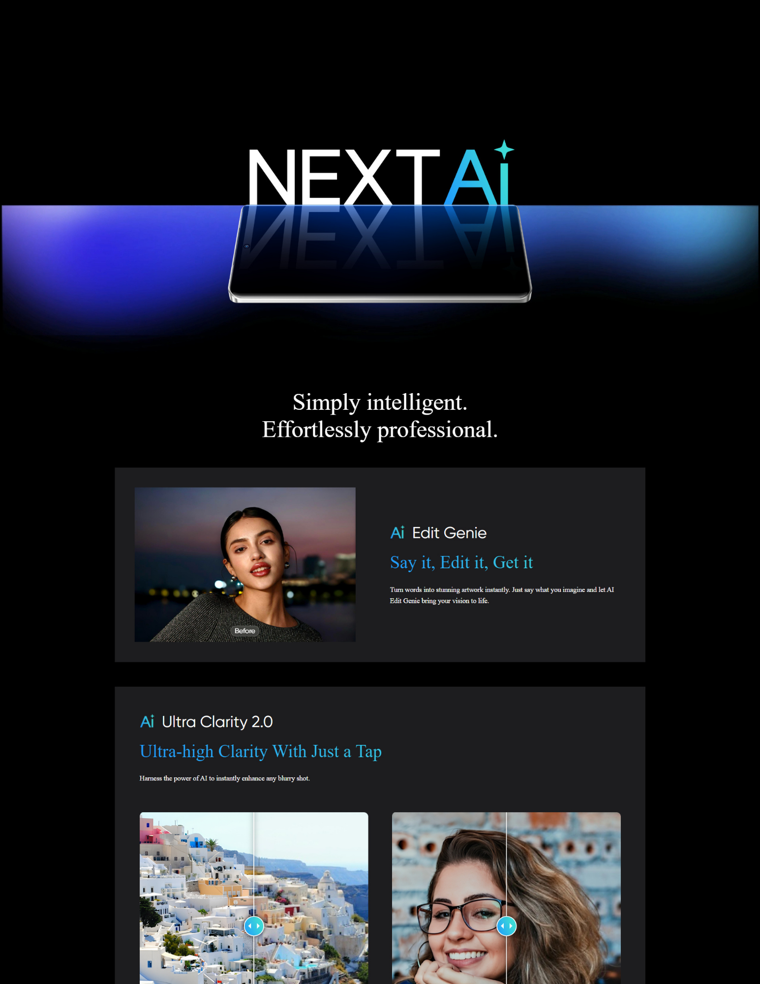 Promotional webpage showcasing NextAI features on a smartphone, highlighting AI Edit Genie for instant artwork creation and AI Ultra Clarity 2.0 for enhancing blurry photos with before-and-after comparison images