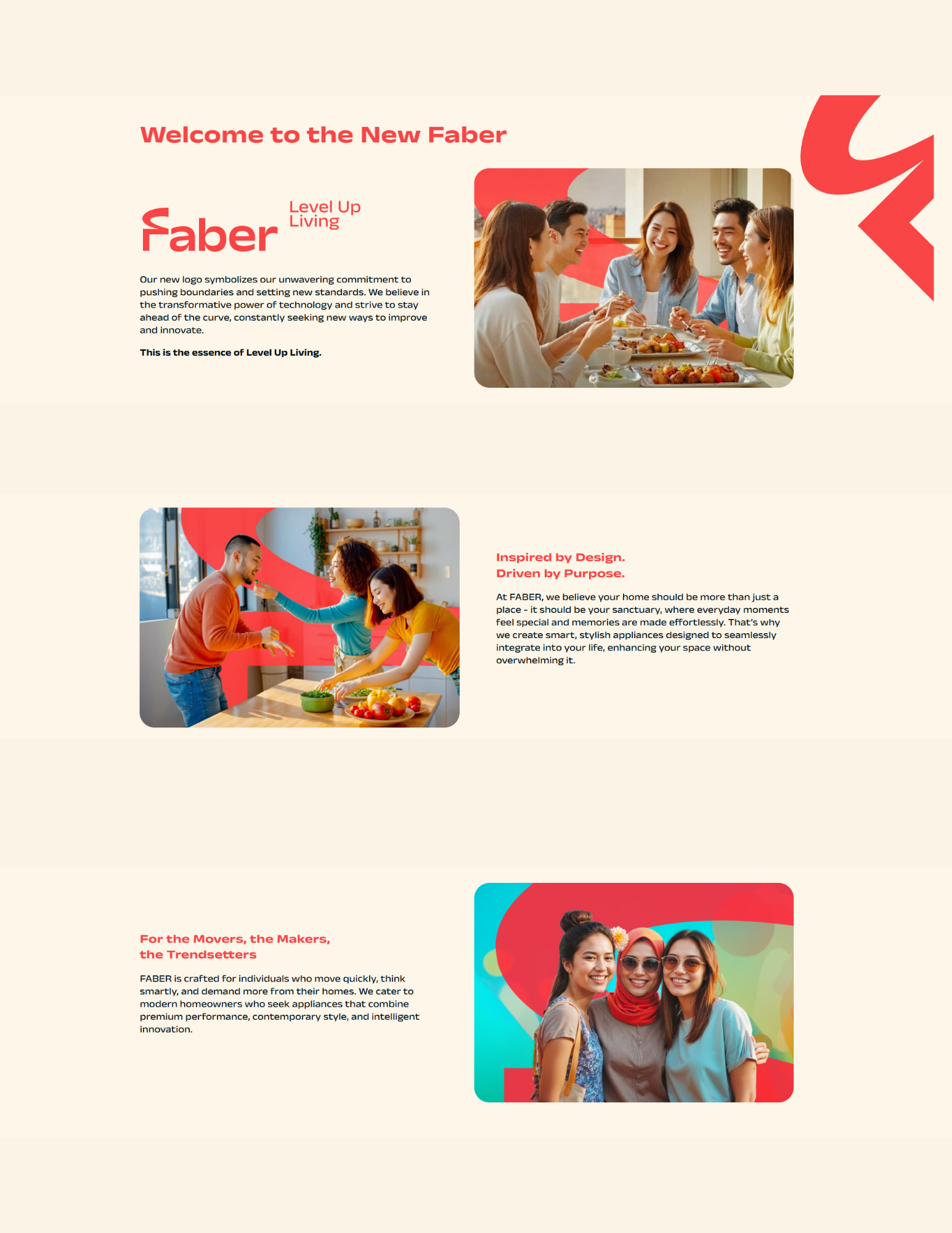 Promotional page introducing the new Faber brand identity, featuring images of friends dining, people cooking together, and a group of young women smiling, alongside text explaining Faber’s mission, design philosophy, and focus on modern, smart home living