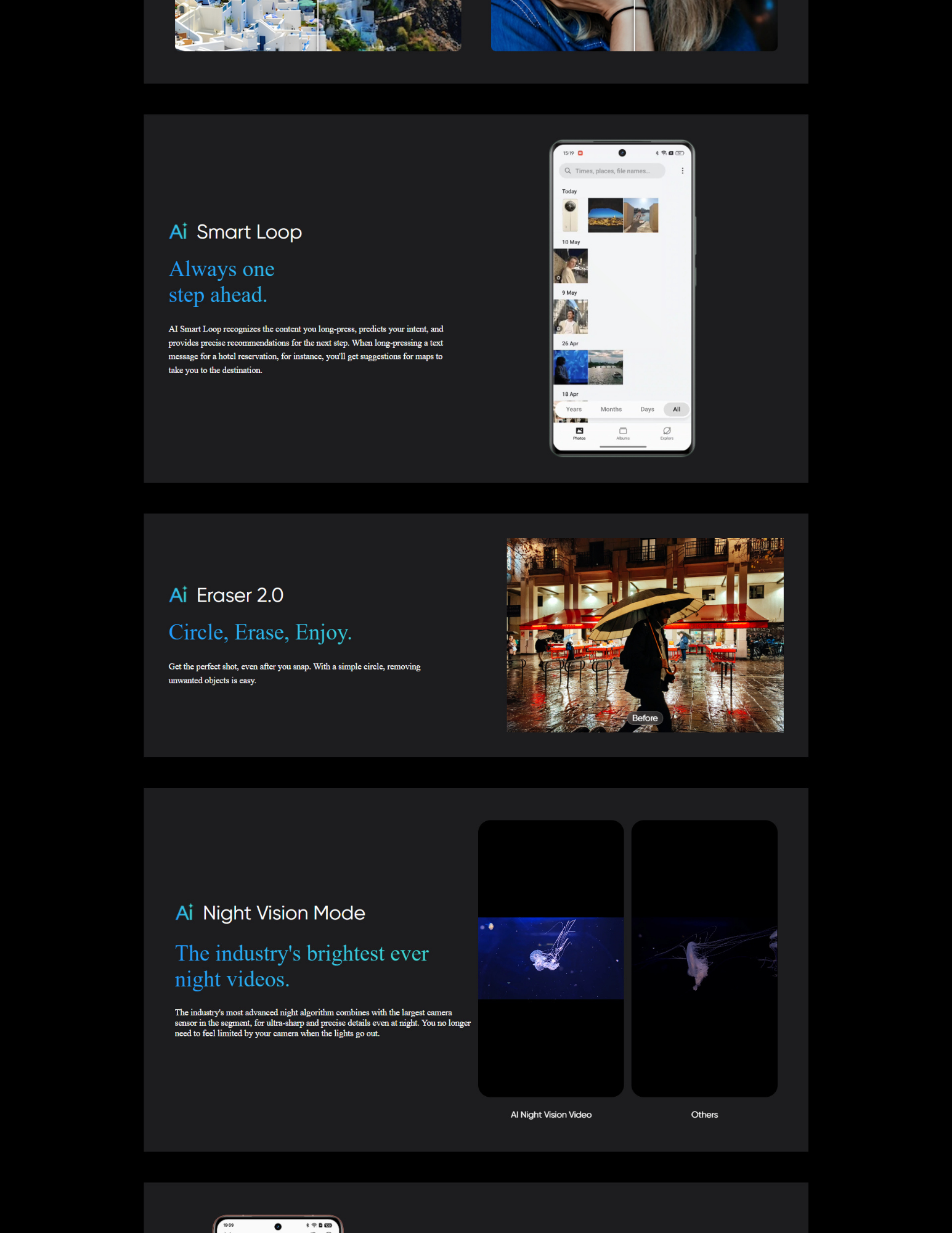 Webpage showcasing smartphone AI features: Smart Loop for predictive suggestions, Eraser 2.0 for removing unwanted objects from photos, and Night Vision Mode comparing bright AI night video with a darker non-AI version