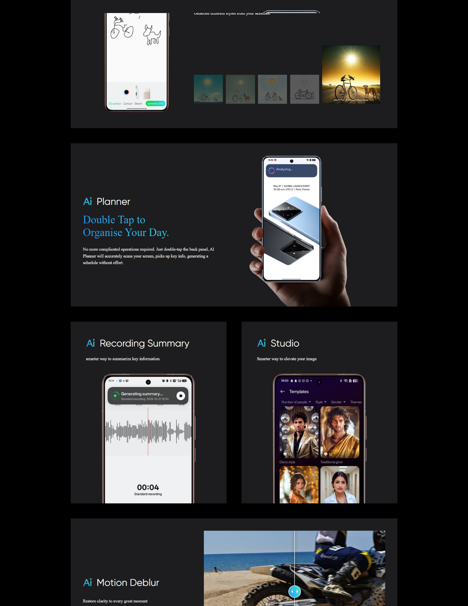 Webpage highlighting multiple smartphone AI features: AI Planner for automatic schedule creation, AI Recording Summary for converting audio into summaries, AI Studio for generating portrait templates, and AI Motion Deblur showing before-and-after image clarity
