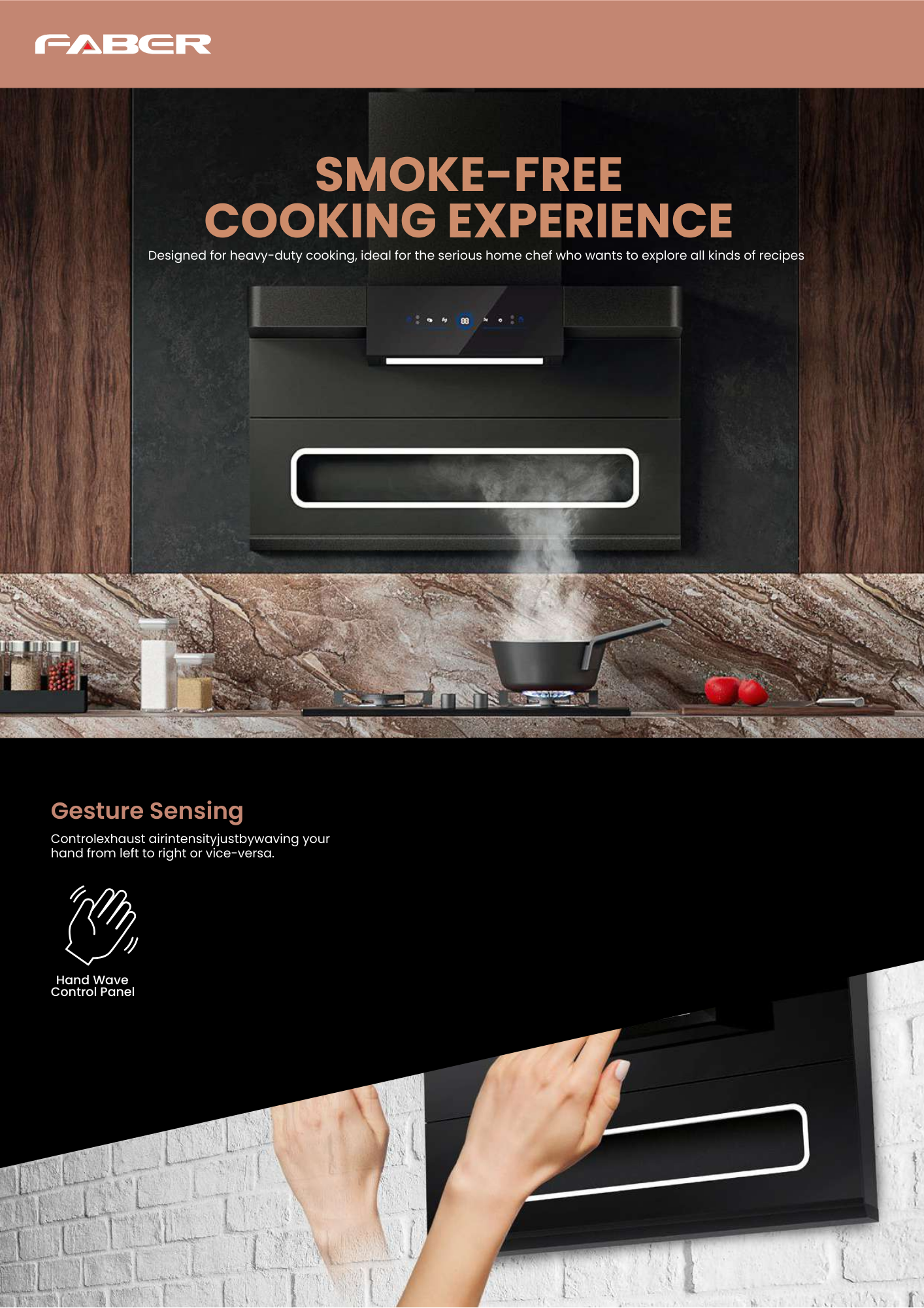 “Promotional image for a Faber kitchen hood showcasing a smoke-free cooking experience, with steam being extracted above a stovetop. The lower section highlights gesture sensing technology, showing hands controlling the hood by waving.