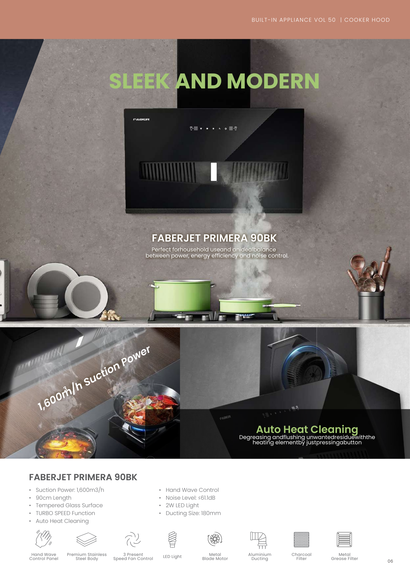 Promotional page for the FaberJet Primera 90BK cooker hood, showcasing its sleek black design, strong 1,600 m³/h suction power, auto heat cleaning function, and hand-wave control. The images show the hood extracting steam from pots and highlight key features with icons and specifications.