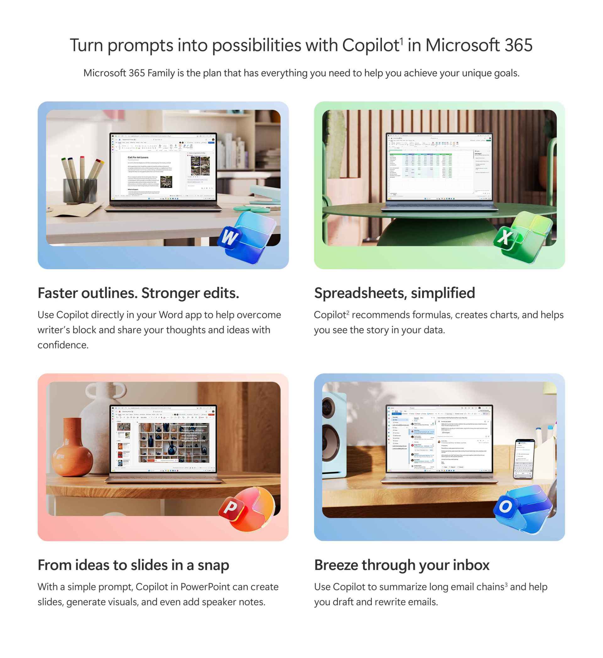 Copilot features across Word, Excel, PowerPoint, and Outlook
