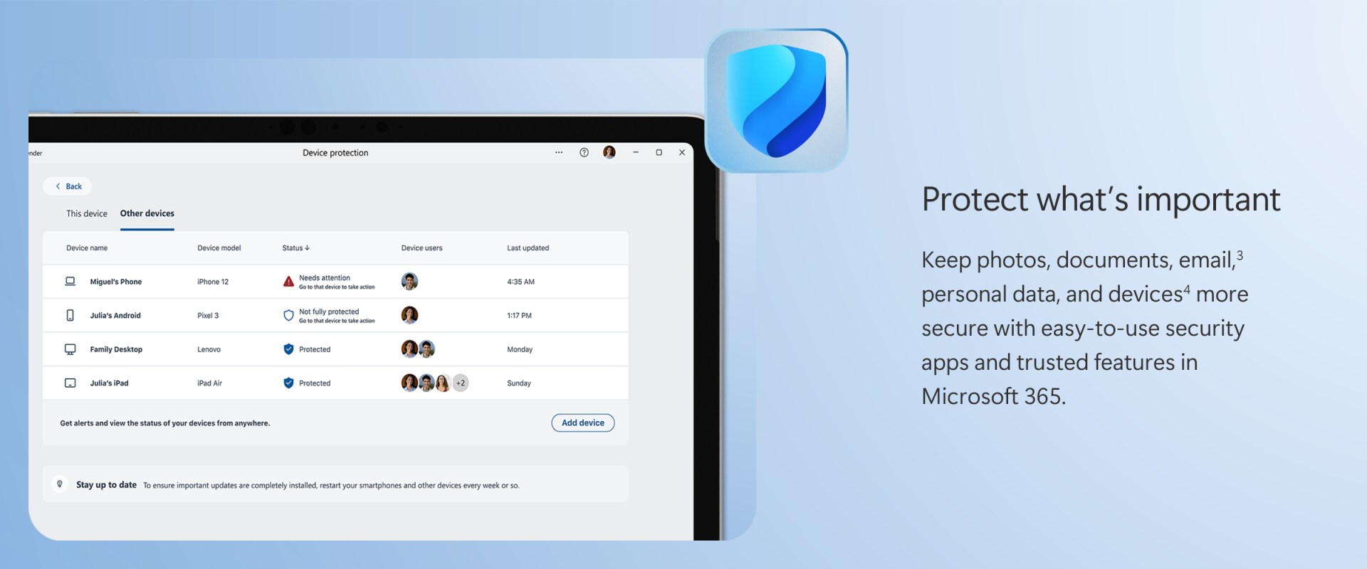 Microsoft 365 device protection dashboard securing family devices