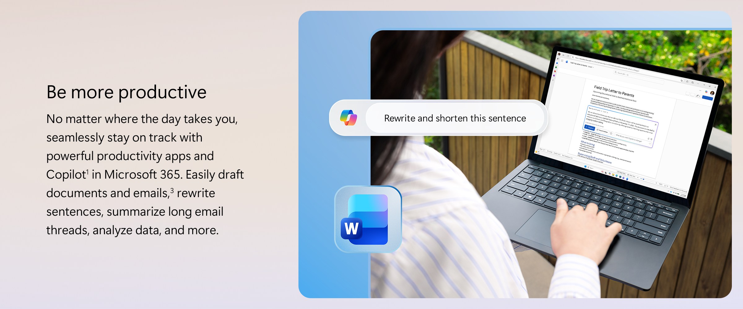 Copilot rewriting text in Word to boost productivity anywhere