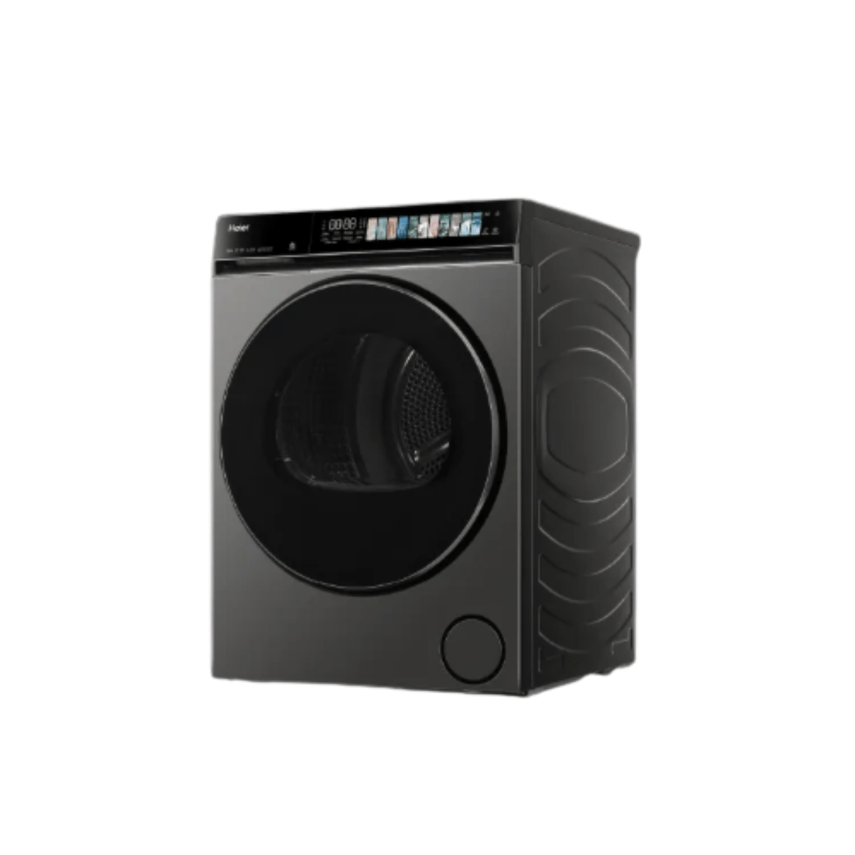 Dark grey laundry dryer viewed from the left with large front drum
