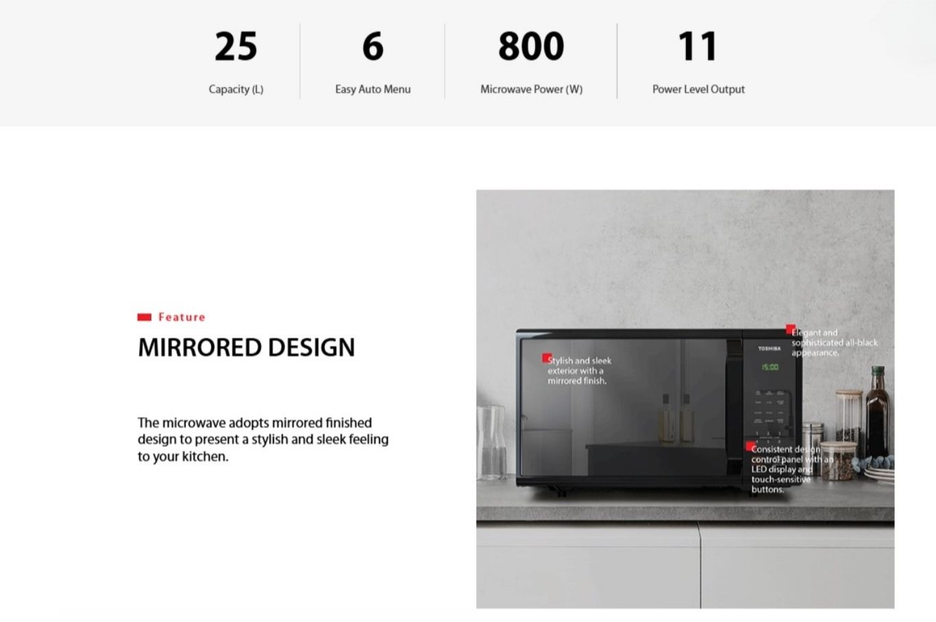 Mirrored black Toshiba microwave on modern kitchen counter