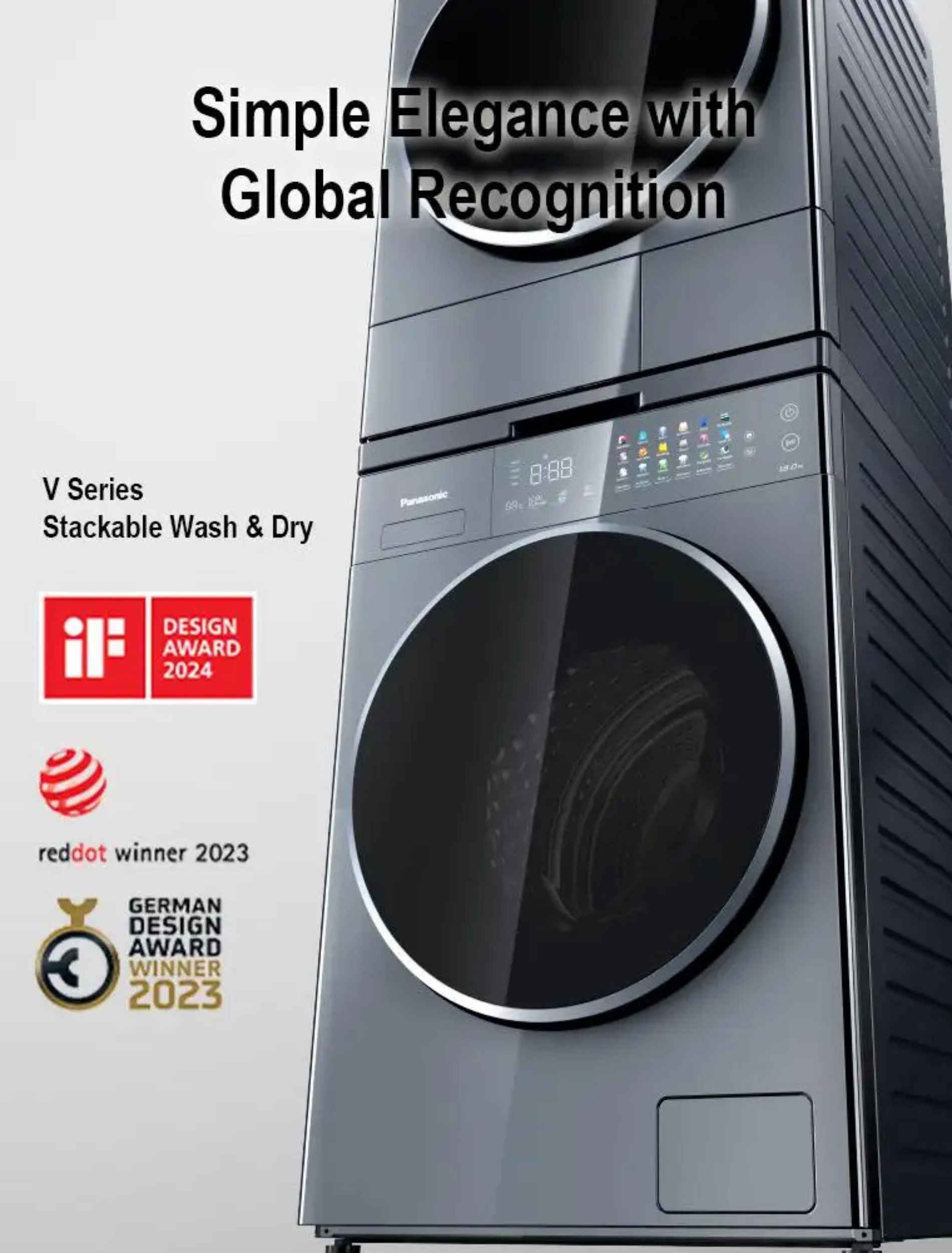 Panasonic V-Series stackable washer and dryer showcasing award-winning design.