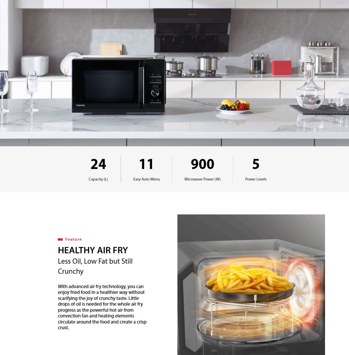 Toshiba microwave oven displayed on modern kitchen counter