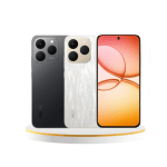 Realme smartphone front and back in black and pearl colors