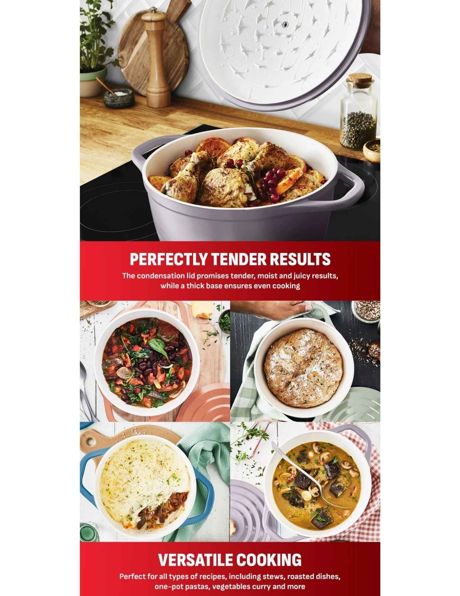 Versatile stewpot cooking stews, roasts, pasta and curry dishes