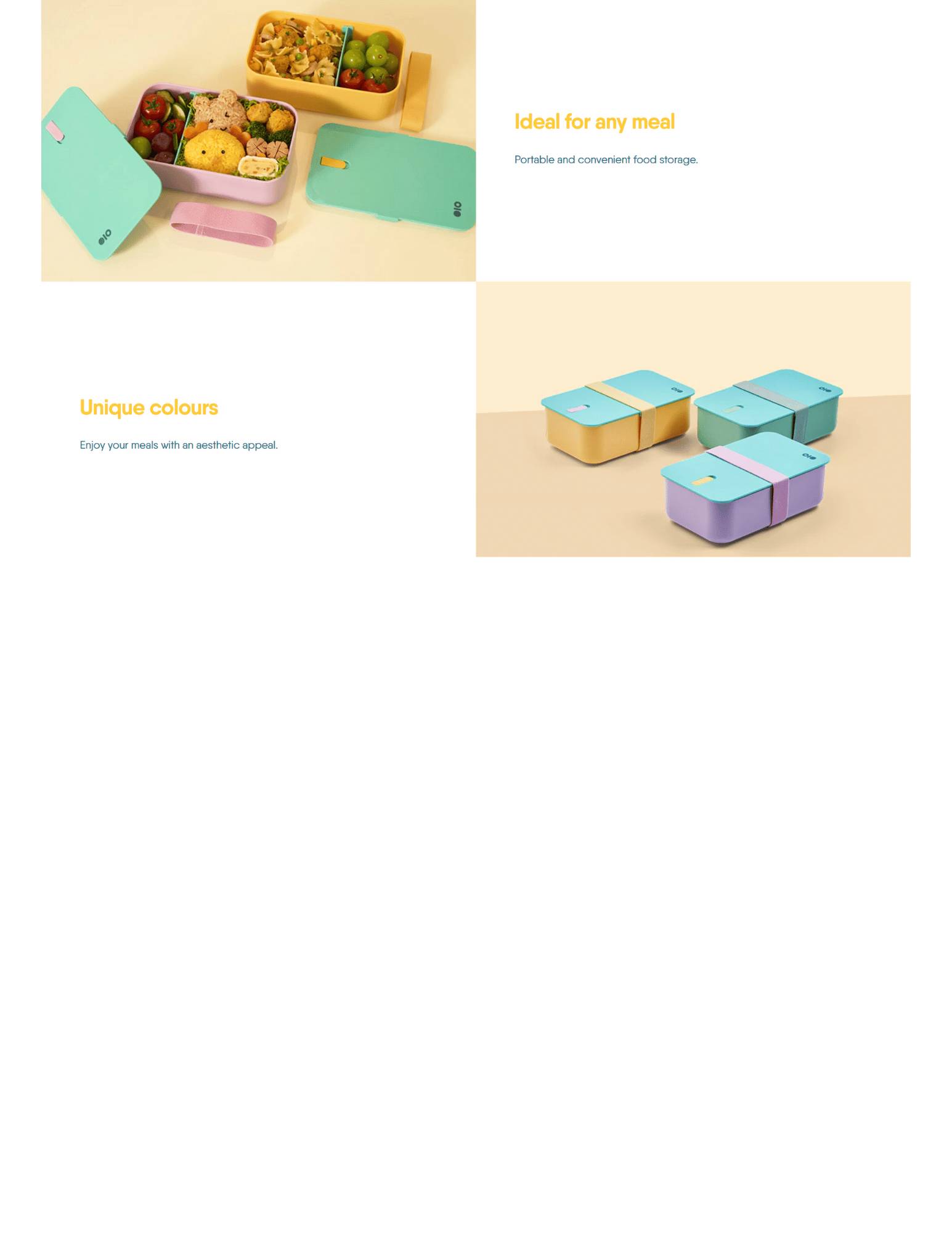 Set of reusable lunch boxes in pastel colours with strap-secured lids, suitable for meal prep, school, or office use.