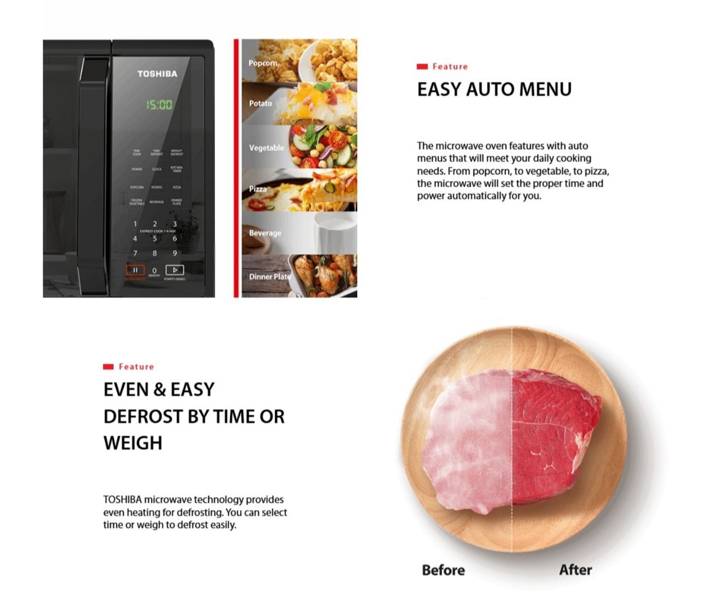 Toshiba microwave with easy auto menu cooking presets
