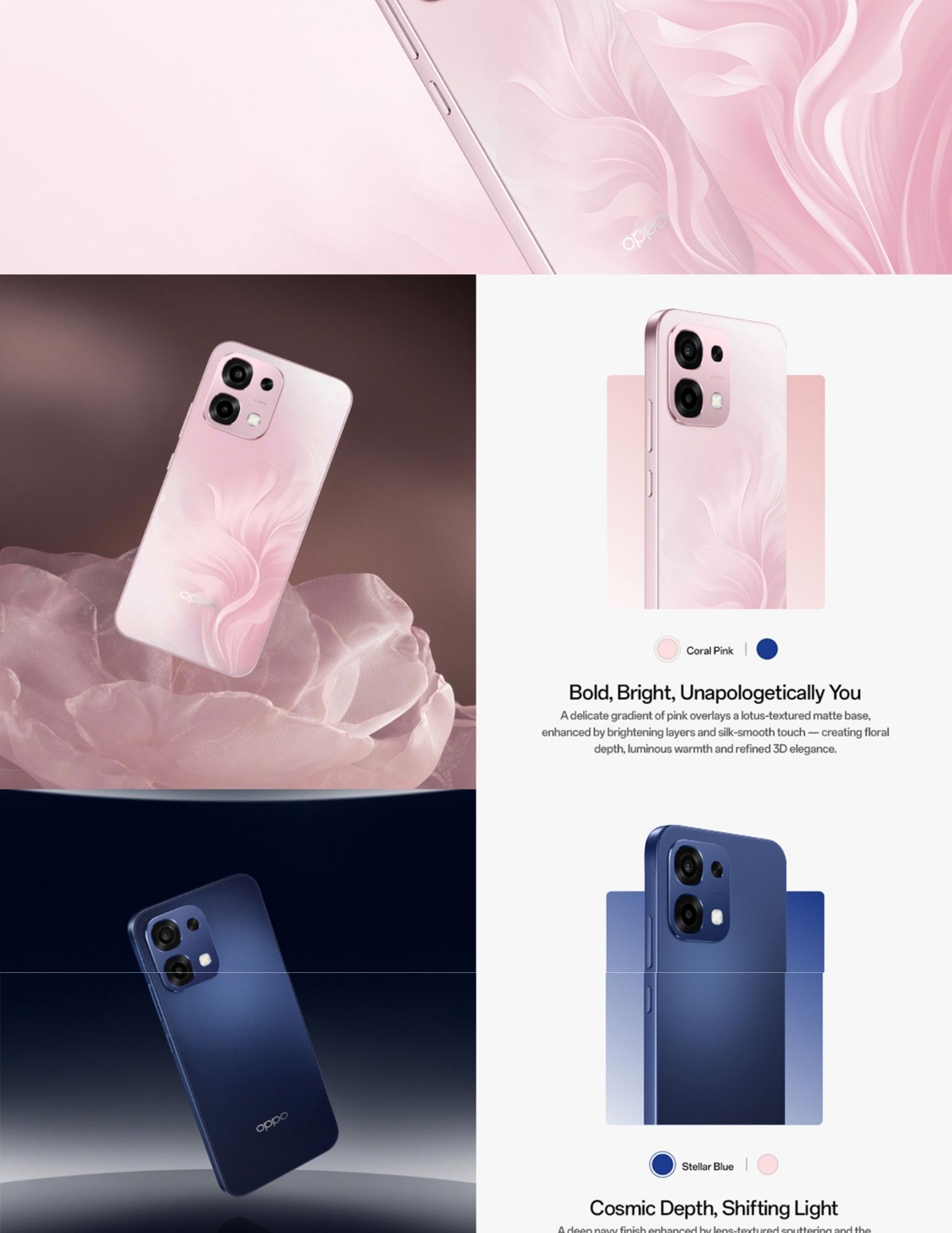 OPPO A6 Pro 5G design in coral pink and stellar blue