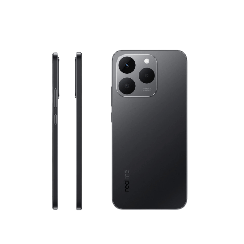Realme smartphone side view and rear in black finish
