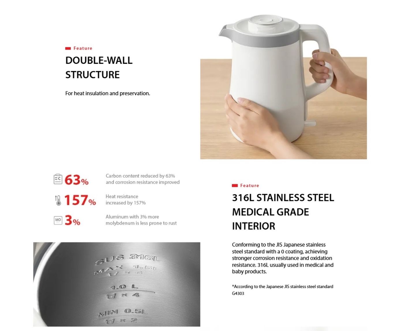 Double-wall insulated kettle for safer, cooler outer surface