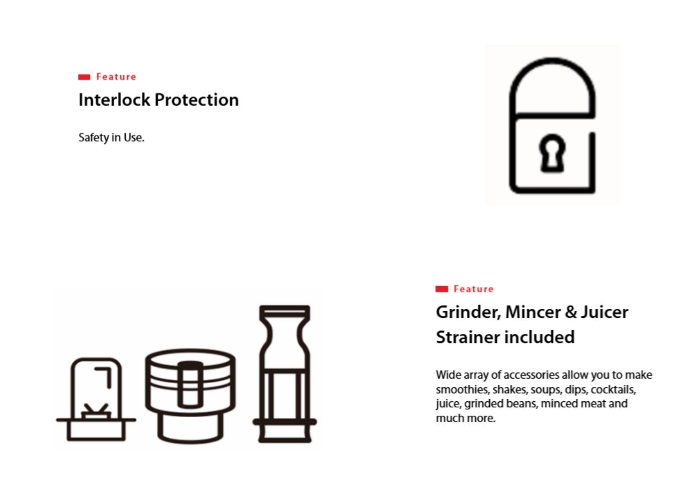 Blender accessories with safety lock and multiple tools