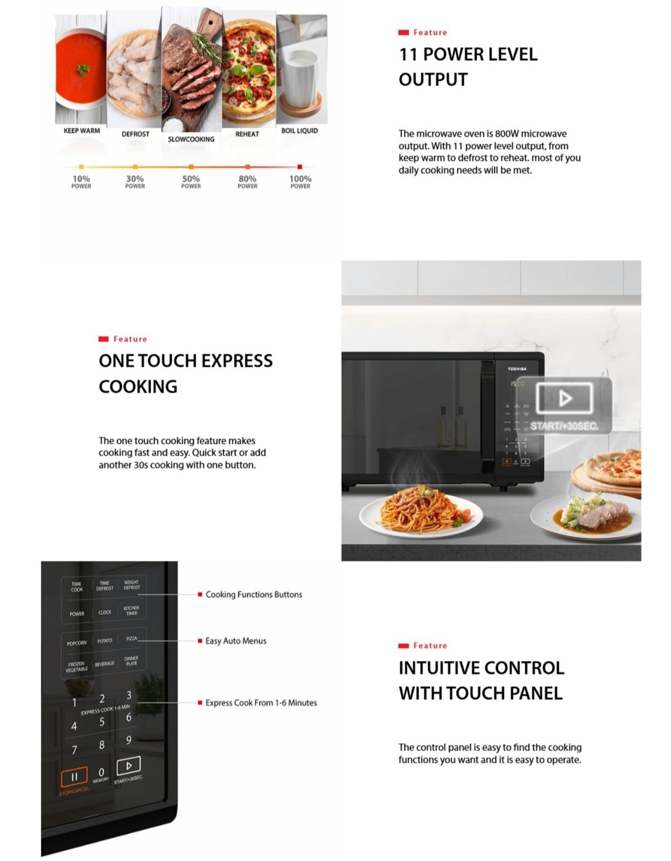 11 power level output for warming, defrosting and reheating